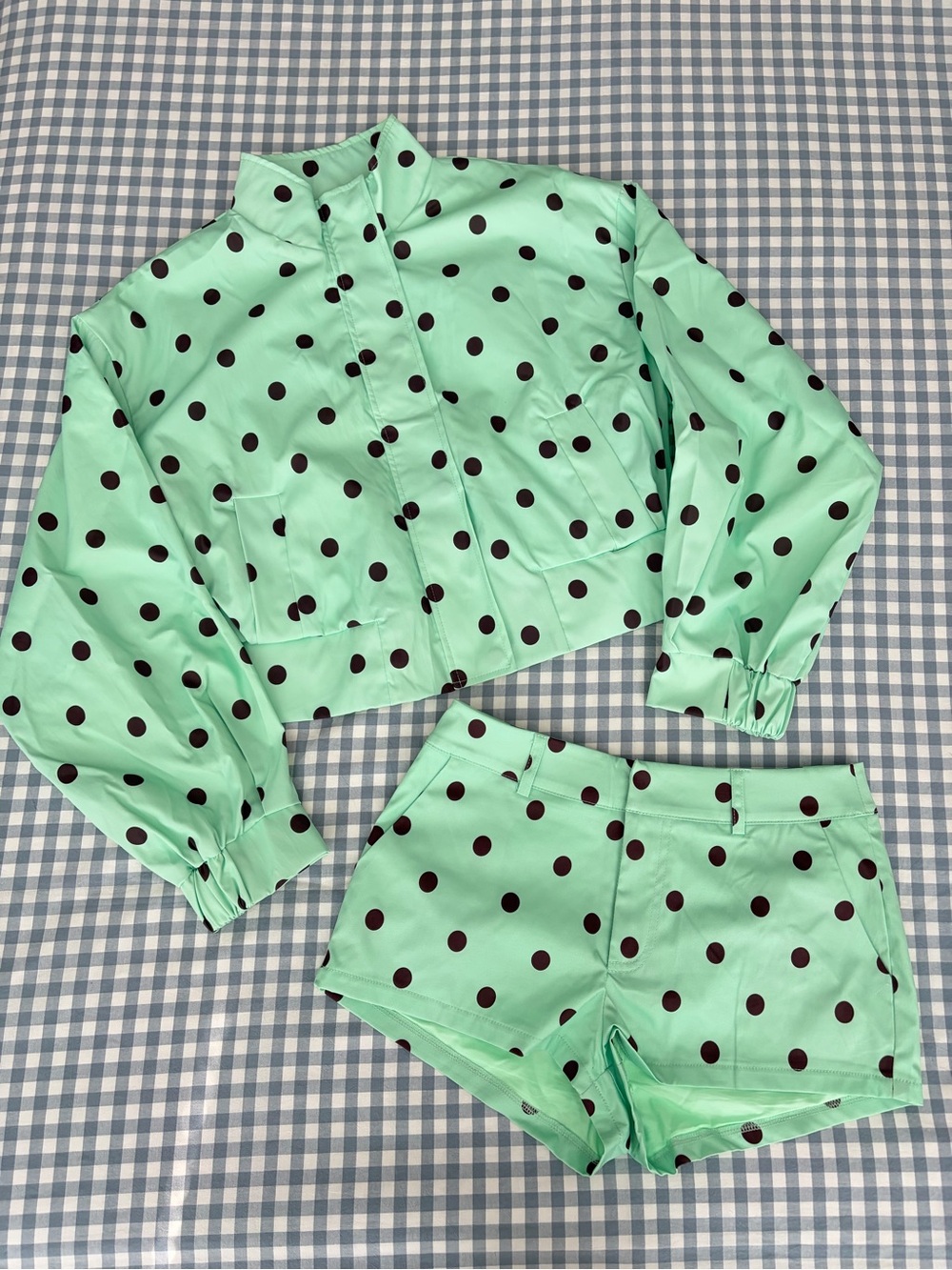 Mint green and brown polka dot short set